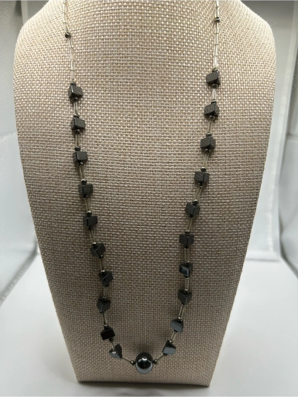 Metallic necklace  gunmetal hematite tone floating clear beads modern Y2k boho
